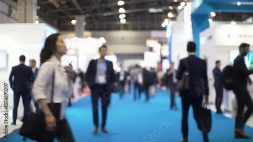A wide video of diverse, soft-focused business attendees in a brightly lit, vast exhibition hall with azure carpet and pronounced bokeh of blurred stalls. Busy trade show concept