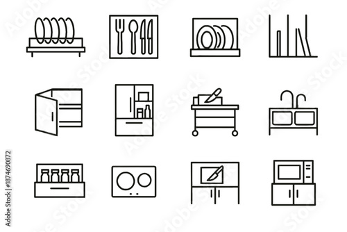 Induction sink compact drawer organized storage spice icon vertical minimalist vector kitchen