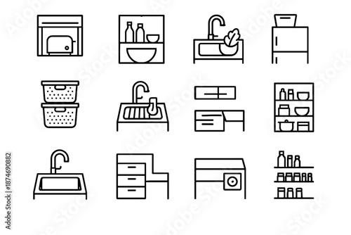 Rack vector minimalist icons kitchen over storage baking prep appliance floating sink
