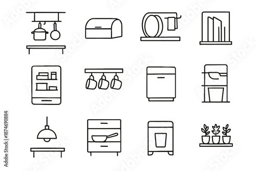 Small kitchen icons icon vector pot zone plate minimalist rack prep hook