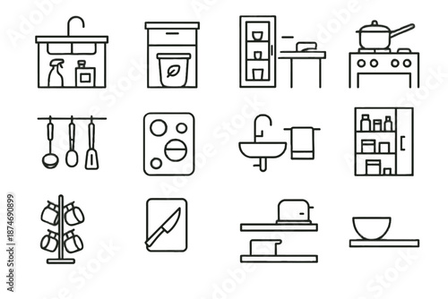 Station mug hooks stovetop icon kitchen utensil drawer minimalist mini board vector