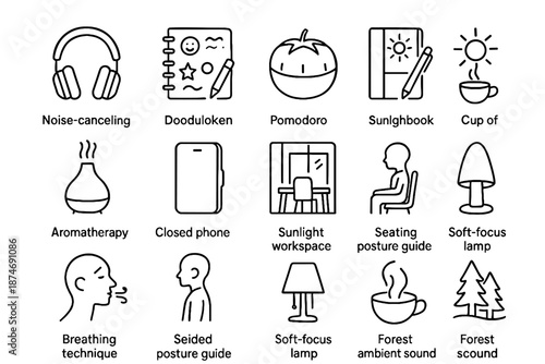 Vector breathing icons cover pomodoro icon posture focus diffuser headphones seated creative