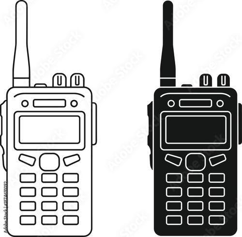 Black and white walkie talkie radio illustration set showing portable communication device, emergency and security equipment in clean outline and solid vector style