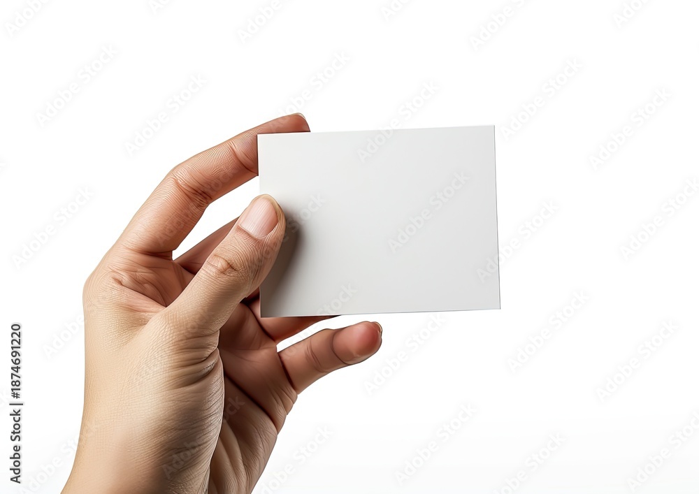 Obraz premium A hand holding a blank white rectangle card isolated on a white background