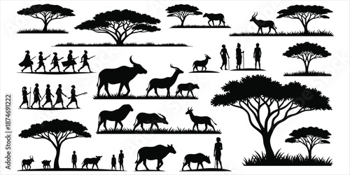 African Savanna Silhouettes Wildlife Animals and People with Trees acacia