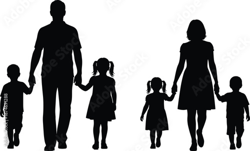 Black and white family silhouette illustration showing parents walking with children, happy family concept, love and togetherness theme in clean vector style artwork