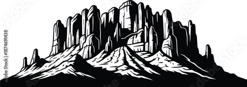 Desert mesa rock formation illustration, monumental canyon landscape, wild west nature scenery concept, dramatic black and white vector art