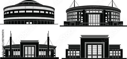 Modern stadium building illustration set, sports arena exterior architecture views, urban landmark concept, black silhouette vector design