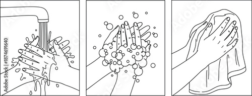 Hand washing steps illustration, hygiene process with soap, water and towel, health safety concept, line art vector guideline cleanliness