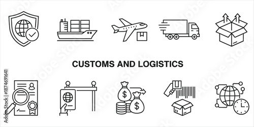 Customs and logistics icons shield globe ship airplane truck box certificate vector illustration