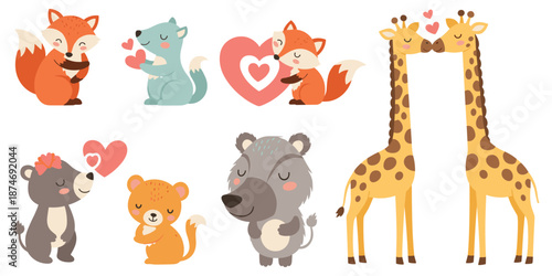 Cute cartoon animals in love with hearts and flowers vector illustration