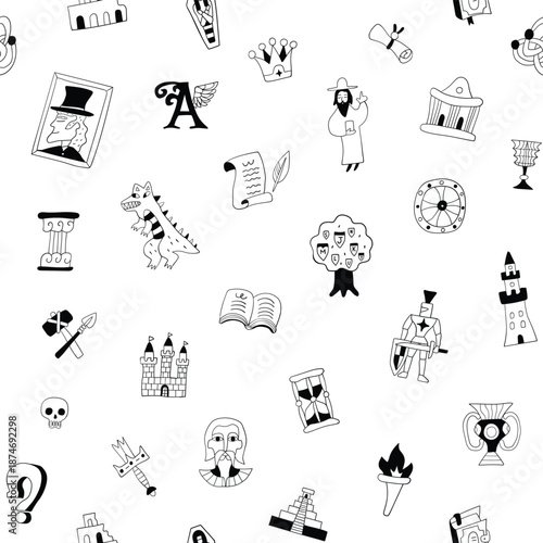  History fairy tale seamless vector background hand drawn doodles objects and signs