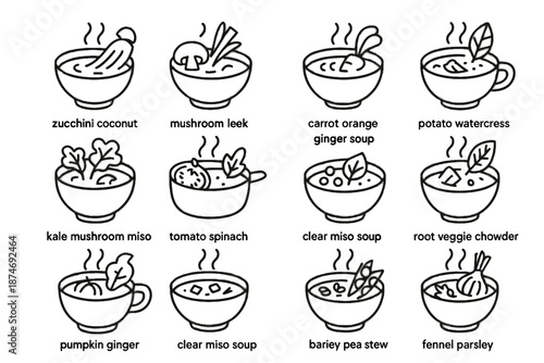 Mushroom vector zucchini soup veggie miso parsley coconut icon leek icons minimalist