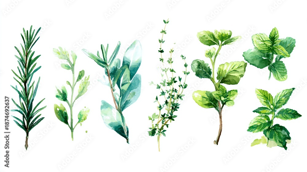 Obraz premium Hand drawn green medicinal herb plants illustration set isolated on white background botanical sketch 