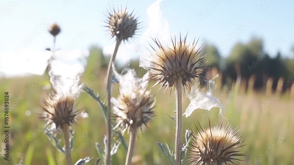 Fototapeta premium Brittle dried thistle heads disintegrating into wisps of seeds in a sunlit field