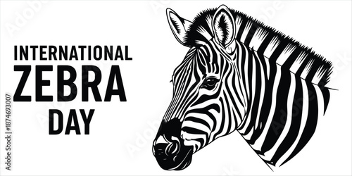 International Zebra Day Text and Zebra Head Illustration Keywords: international, zebra, day, celebration, animal, wildlife