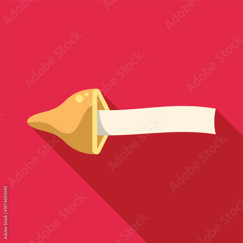 Fortune cookie revealing a blank paper strip on a red background with long shadow