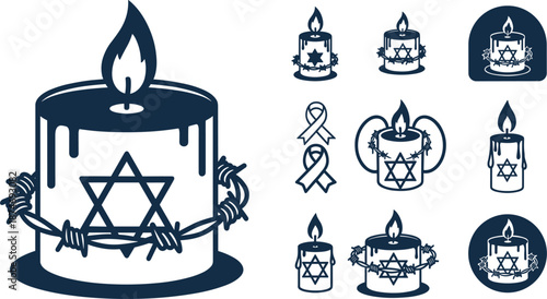 Large candle with Star of David and barbed wire, surrounded by smaller icons ribbon memorial