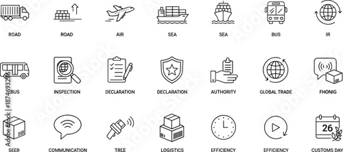 Logistics and customs icons road air sea bus inspection declaration vector illustration