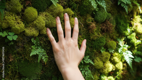 Hand touching lush moss wall in vibrant green nature setting. Hand gently connects with mossy surface, showcasing textures and natural elements.