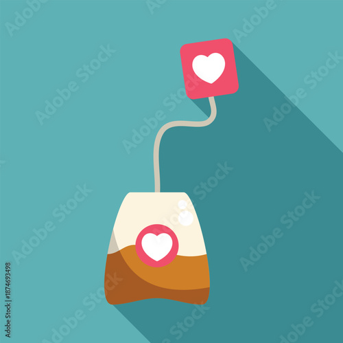 Tea bag immersed in a beverage featuring a heart symbol design with long shadow