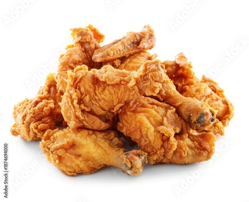 A pile of crispy, golden-brown fried chicken pieces on a plain white background
