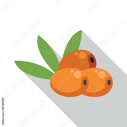 Ripe orange sea buckthorn berries with green leaves on a white background