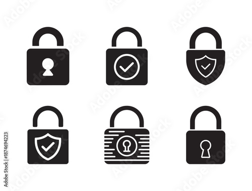 Collection of six modern padlock icons in black and white
