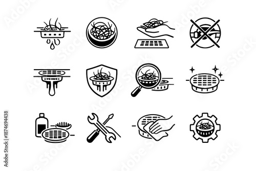 Capture icon hair maintenance bathroom drain focus silhouette tangled hygiene clog vector