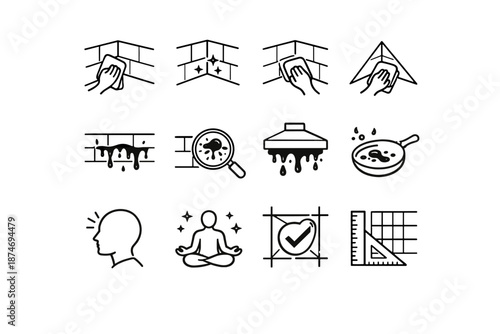 Cleaning calm icons geometry grease attention kitchen silhouette vector junction logic icon