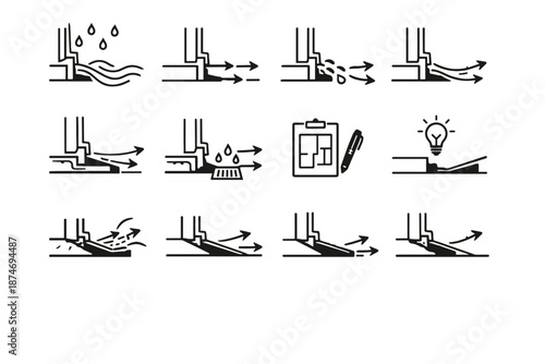 Vector rainwater slope focus balcony flow logic icons outward toward drainage icon
