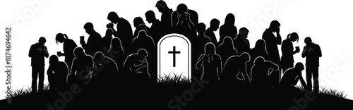 Silhouette of mourners gathered around a tombstone with a cross on a white background grief mourning