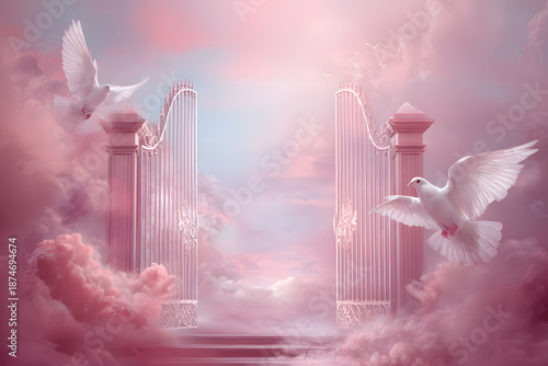 Dreamy pink heaven gates in the clouds with white doves flying