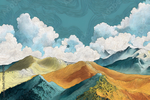 Colorful abstract landscape artwork featuring mountains, clouds, and vibrant skies at sunset