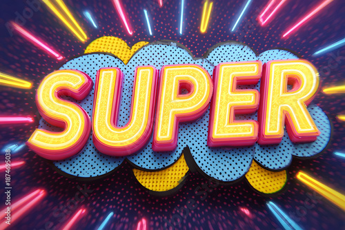 Bright and colorful super sign with comic book design elements on a textured background