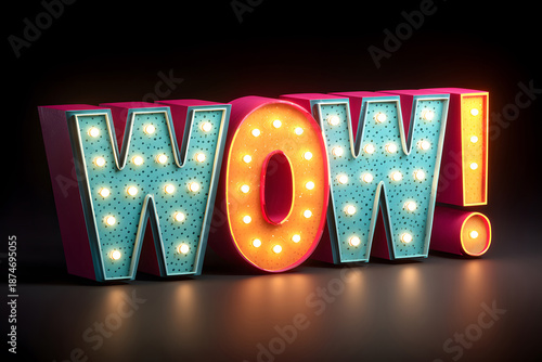 Colorful illuminated letters spell out wow on a dark background, showcasing a fun and vibrant design