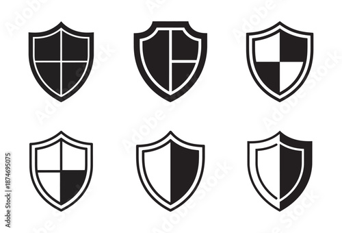 Collection of black and white shield icons representing security and protection