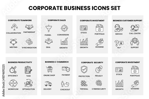 Corporate Business Line Icon Set for Teamwork, Sales, Investment, Security and Productivity