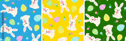 easter seamless pattern set with cute white rabbits colorful painted eggs and spring flowers on vibrant backgrounds
