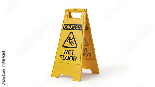Yellow wet floor caution sign isolated on white background, safety warning symbol for slippery surfaces in public or workplace areas.