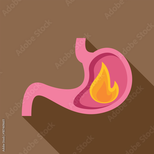 Human stomach organ experiencing acid reflux, heartburn, or gastritis with a flame symbol