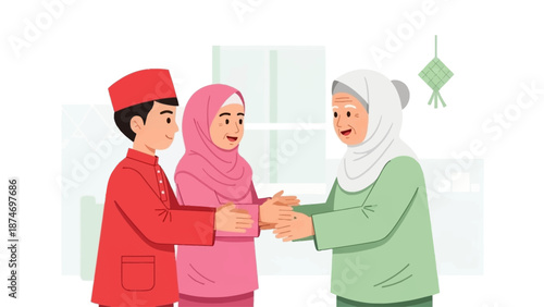 A charming flat design illustration showing Muslim children greeting an elderly woman on Idul Fitri, expressing respect and seeking forgiveness