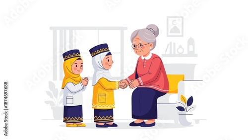 A charming flat design illustration showing Muslim children greeting an elderly woman on Idul Fitri, expressing respect and seeking forgiveness