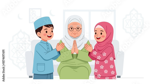 A charming flat design illustration showing Muslim children greeting an elderly woman on Idul Fitri, expressing respect and seeking forgiveness