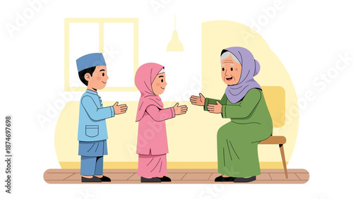 A charming flat design illustration showing Muslim children greeting an elderly woman on Idul Fitri, expressing respect and seeking forgiveness
