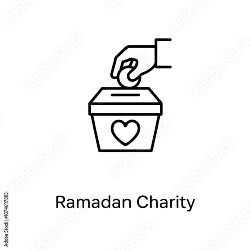 Hand placing coin into a donation box with a heart symbol for ramadan charity