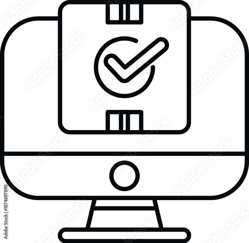 Computer screen displaying a package box with a check mark, representing order confirmation