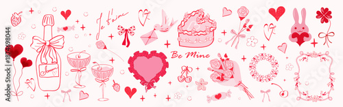 Hand drawn coquette elements for Valentines day, wedding invitation, birthday card set with hearts, cake, wine, lace, flowers, bunny, love elements. Whimsical Vintage elegant vector illustration.