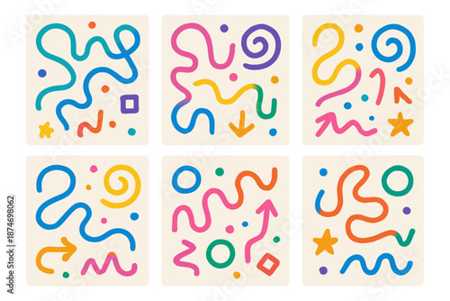 Colorful abstract designs with wavy lines, arrows, and shapes in a grid layout