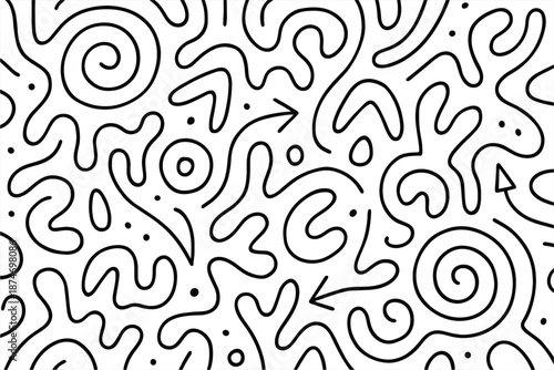 Abstract black and white maze pattern with swirls and arrows